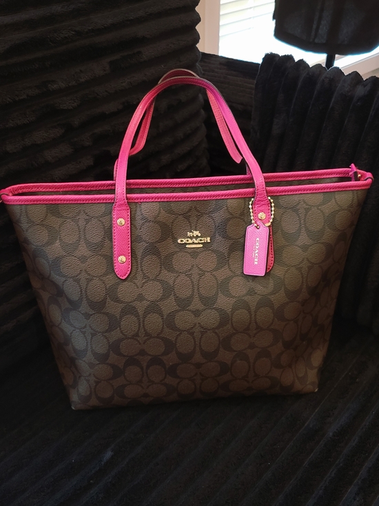 Coach Handbags - Coach Brown Signature Tote with Pink Trim